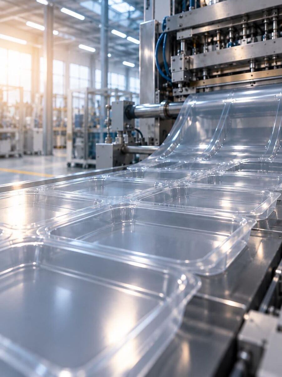 Línea de termoconformado de Valdés fabricando barquetas transparentes
