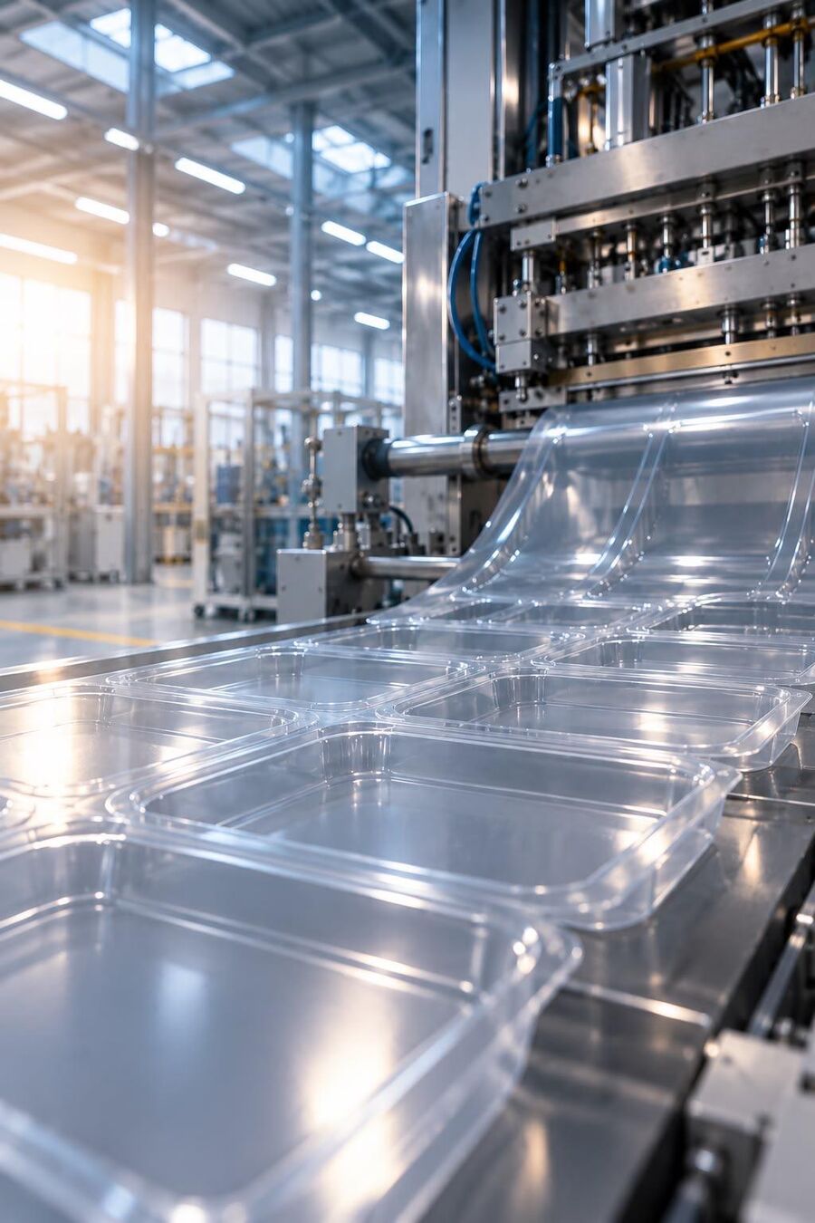 Máquina de termoconformado produciendo barquetas transparentes